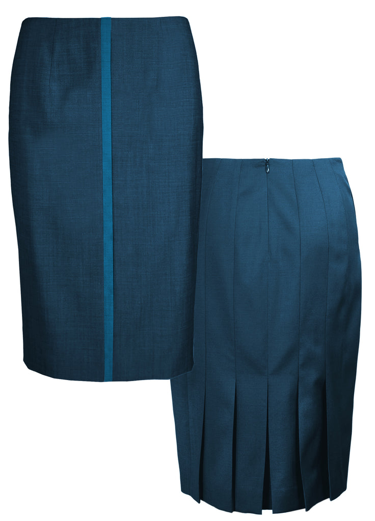Fine wool pencil skirt with center front stripe detail and back pleats teal