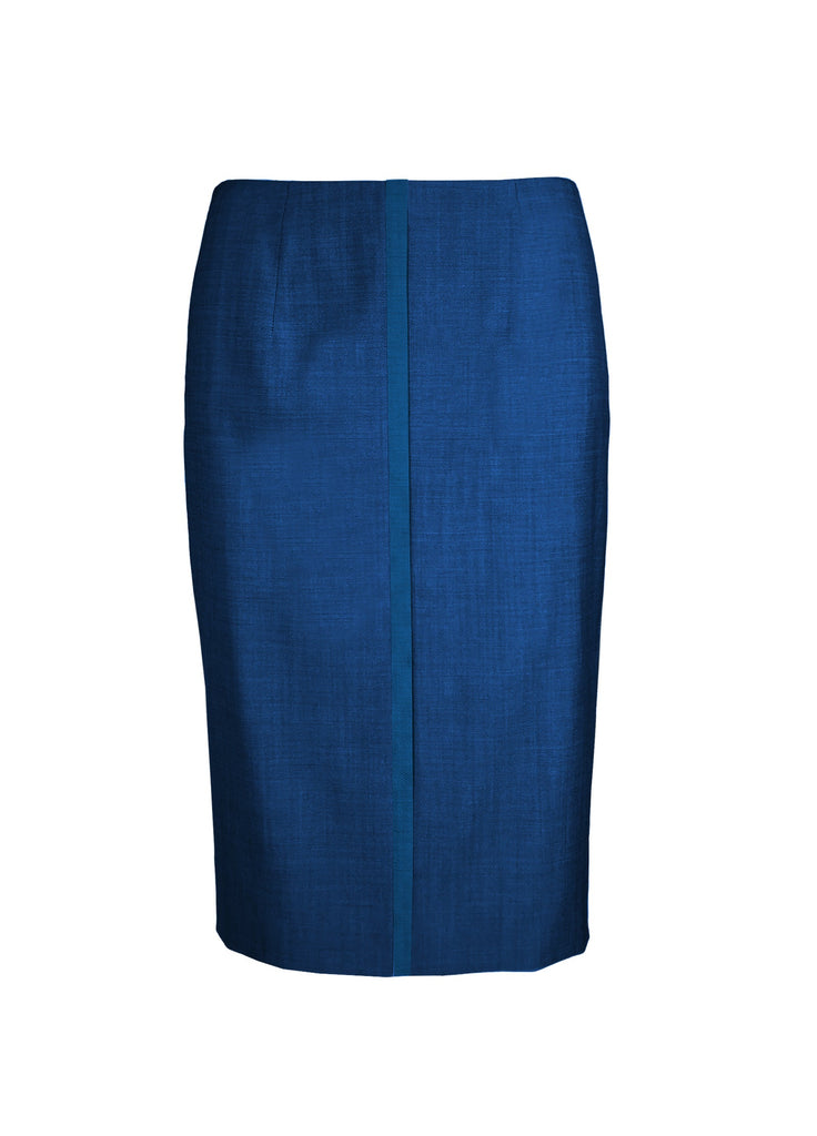 Wool skirt with center front stripe detail and back pleats mercury blue