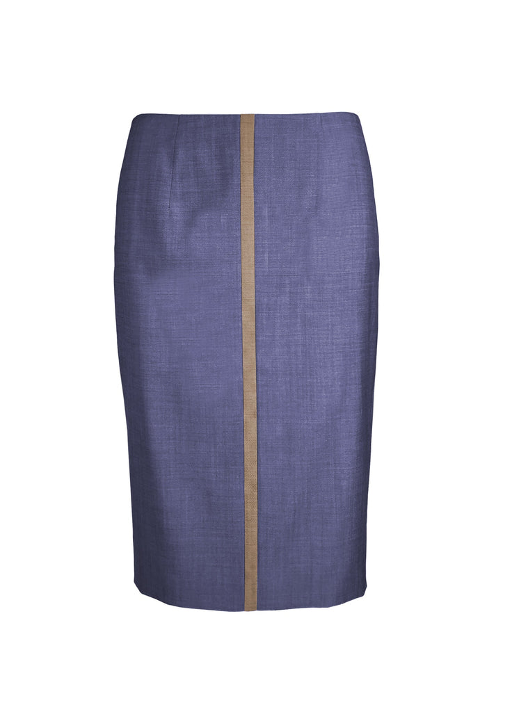 Fine wool pencil skirt with front stripe detail and back pleats in amber purple