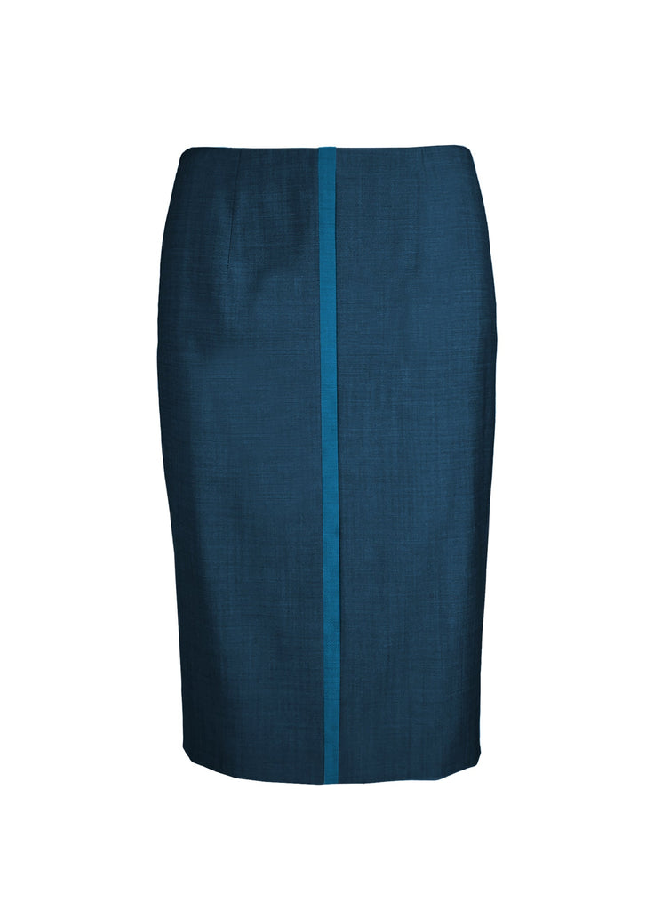 Fine wool pencil skirt with center front stripe  detail and back pleats teal