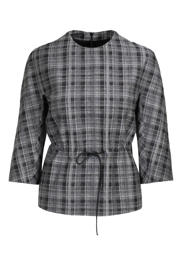 Women's wool plaid top with drawstring leather tie