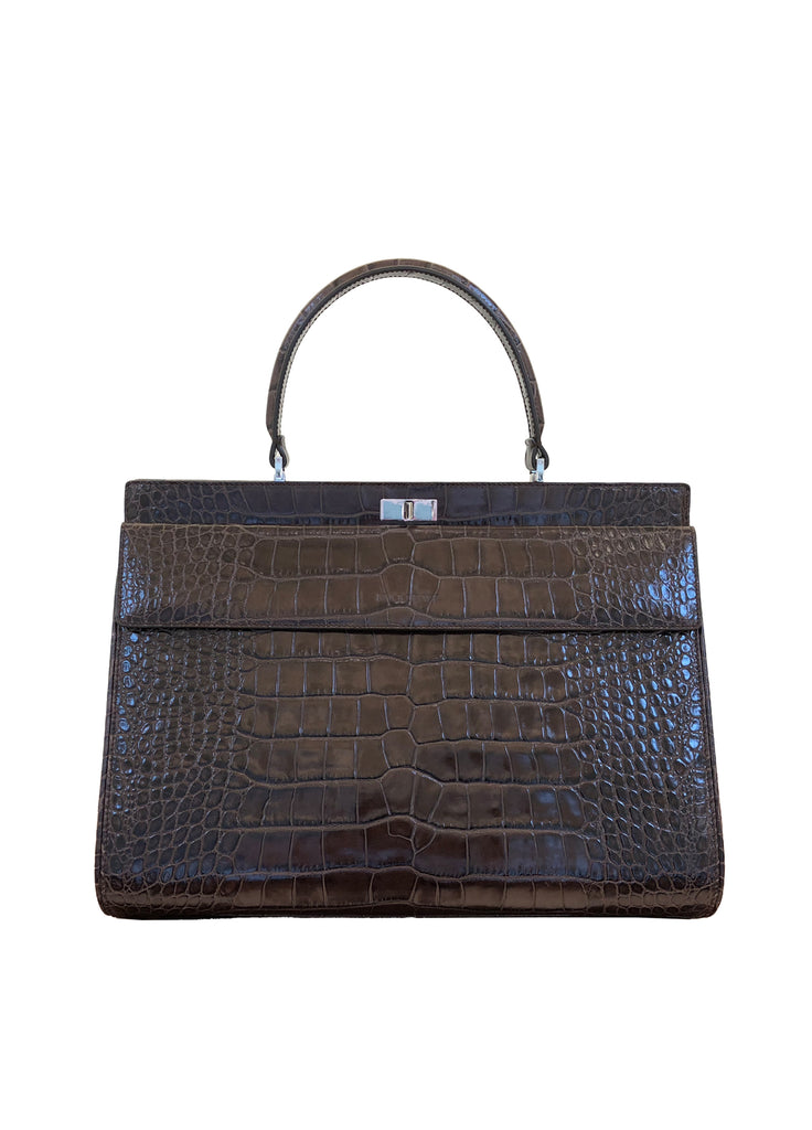 Top handle tote bag in brown leather croc
