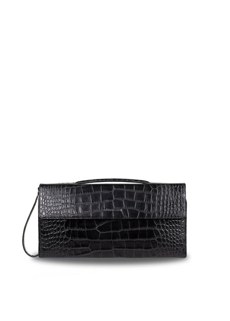 Designer clutch bag with top handle and multi compartments black