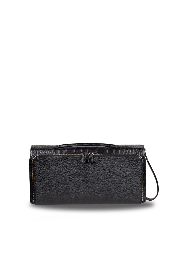 Designer clutch bag with top handle and multi compartments black zip compartment