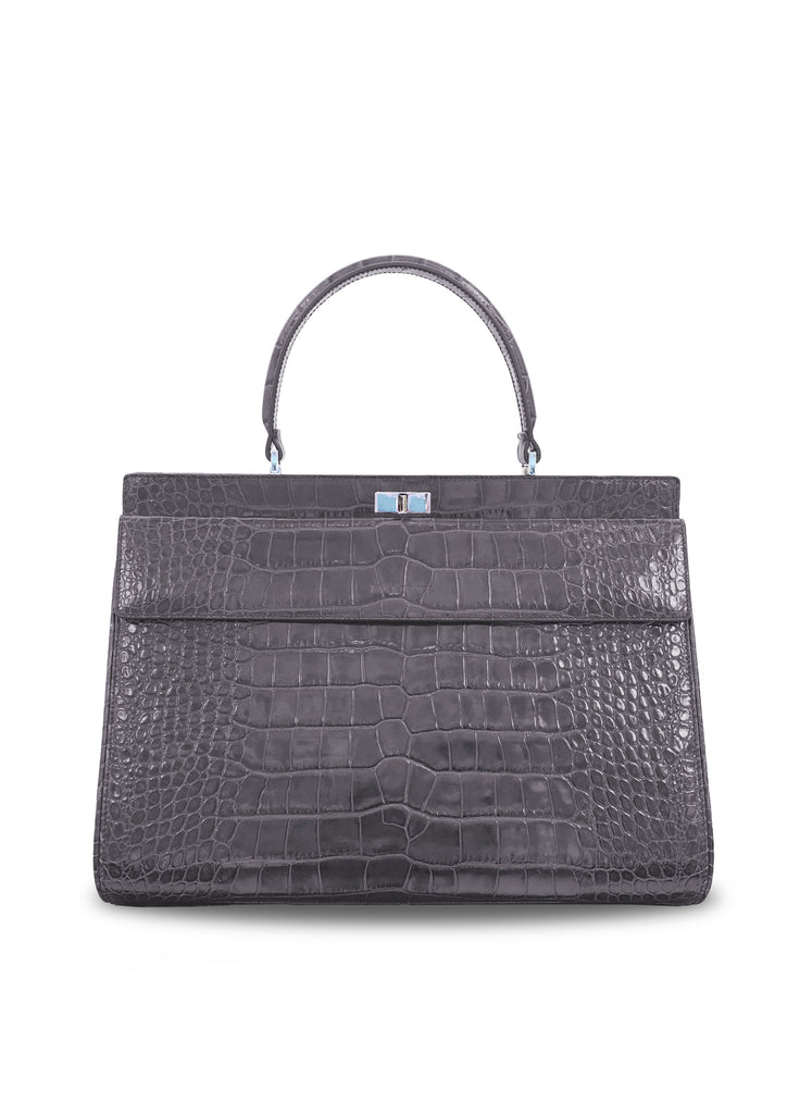 Top handle tote bag in grey leather croc