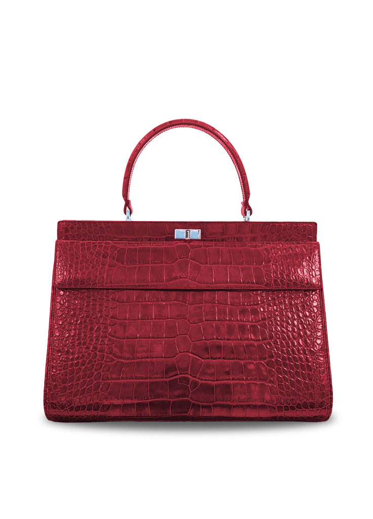 Top handle tote bag in ruby red leather croc