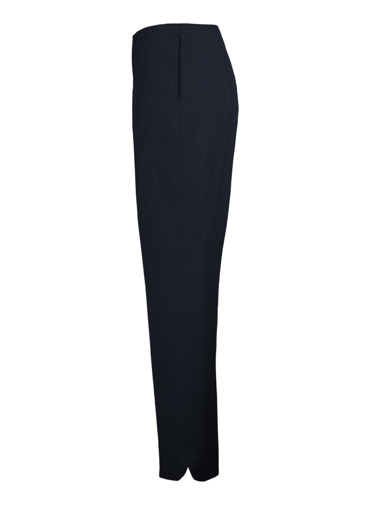 Women's wool tapered leg pant curve hem dark navy side view