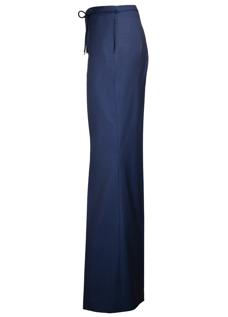 Women's wide leg pant in blue with abstract pattern side view