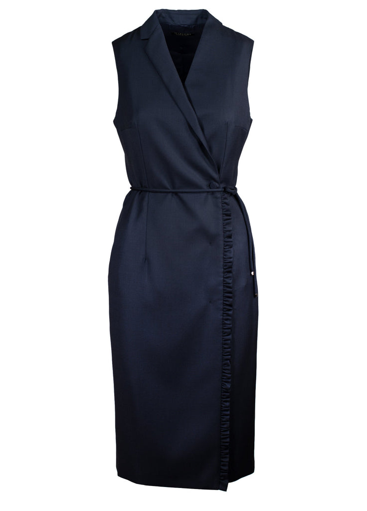 Sleeveless wool wrap dress with ruffle indigo
