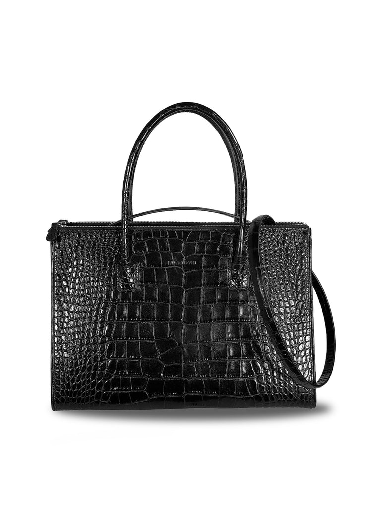 Leather tote bag with double zipper compartments and open galleria black croc