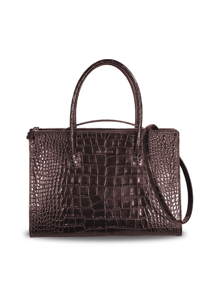 Leather tote bag with double zipper compartments and open galleria cocoa brown croc