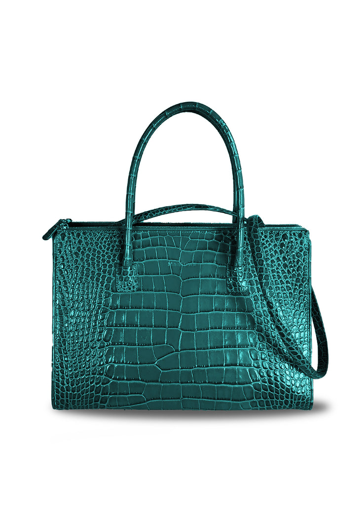 Leather tote bag with double zipper compartments and open galleria green croc