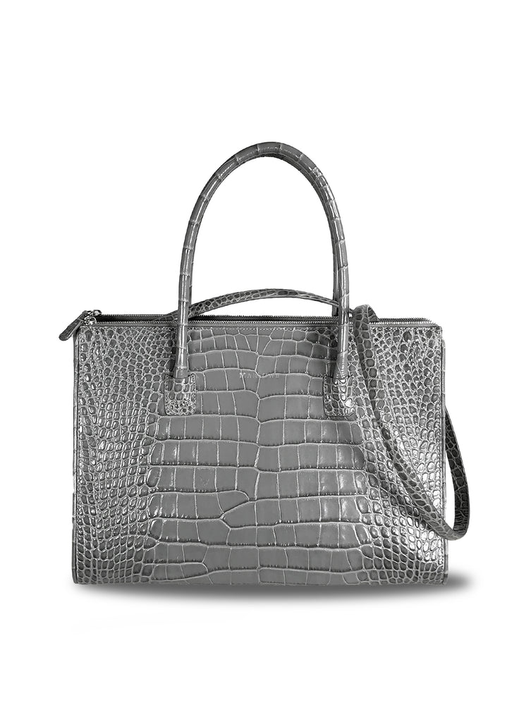 Leather tote bag with double zipper compartments and open galleria grey croc