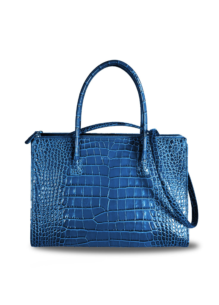 Leather tote bag with double zipper compartments and open galleria blue croc