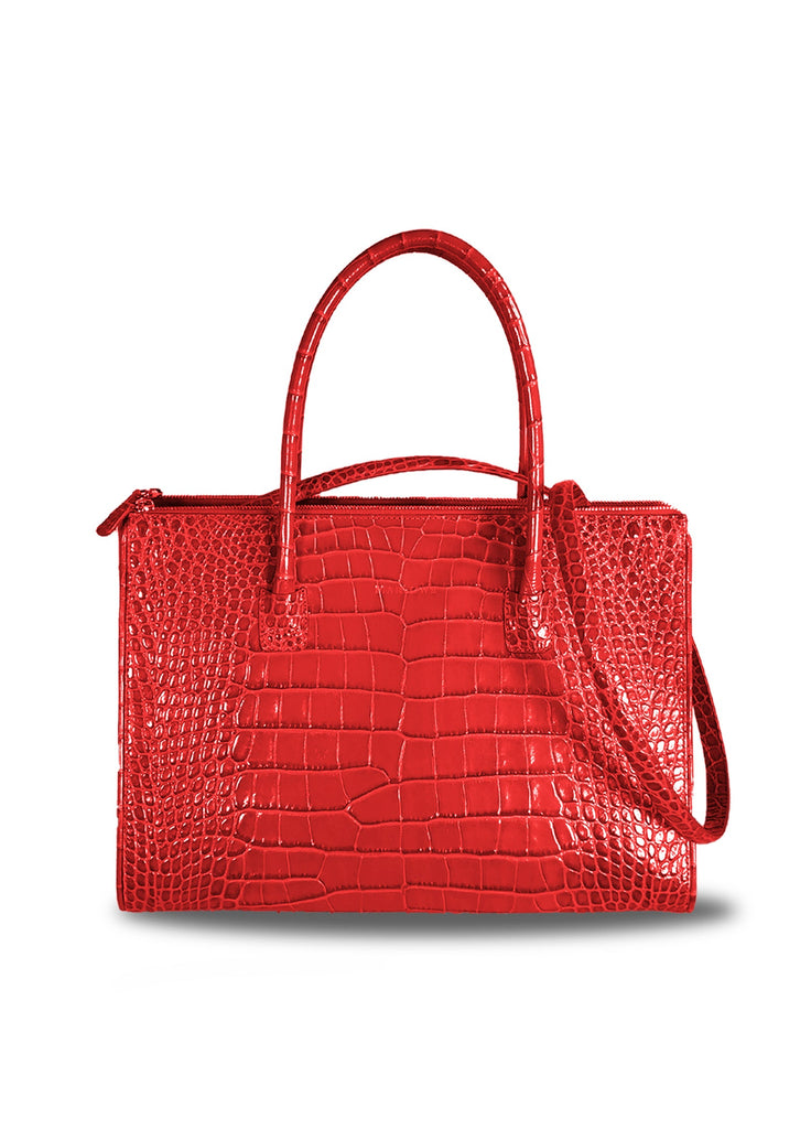 Leather tote bag with double zipper compartments and open galleria vivid red croc