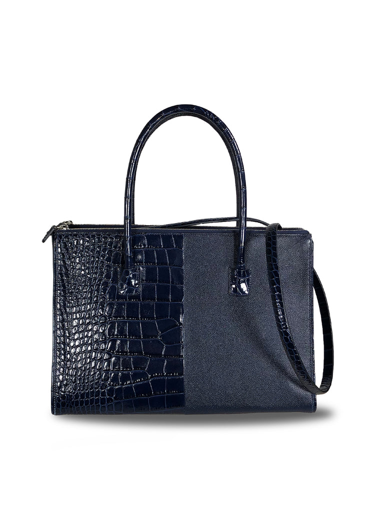 Leather tote double zipper and open center galleria and shoulder strap navy duo texture
