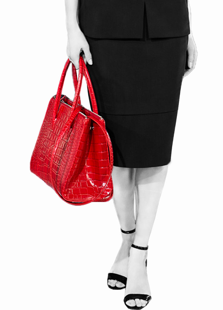 Leather tote bag with double zipper compartments and open galleria vivid red croc