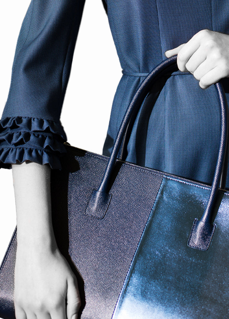 Leather tote double zipper and open center galleria and shoulder strap navy duo texture with metallic